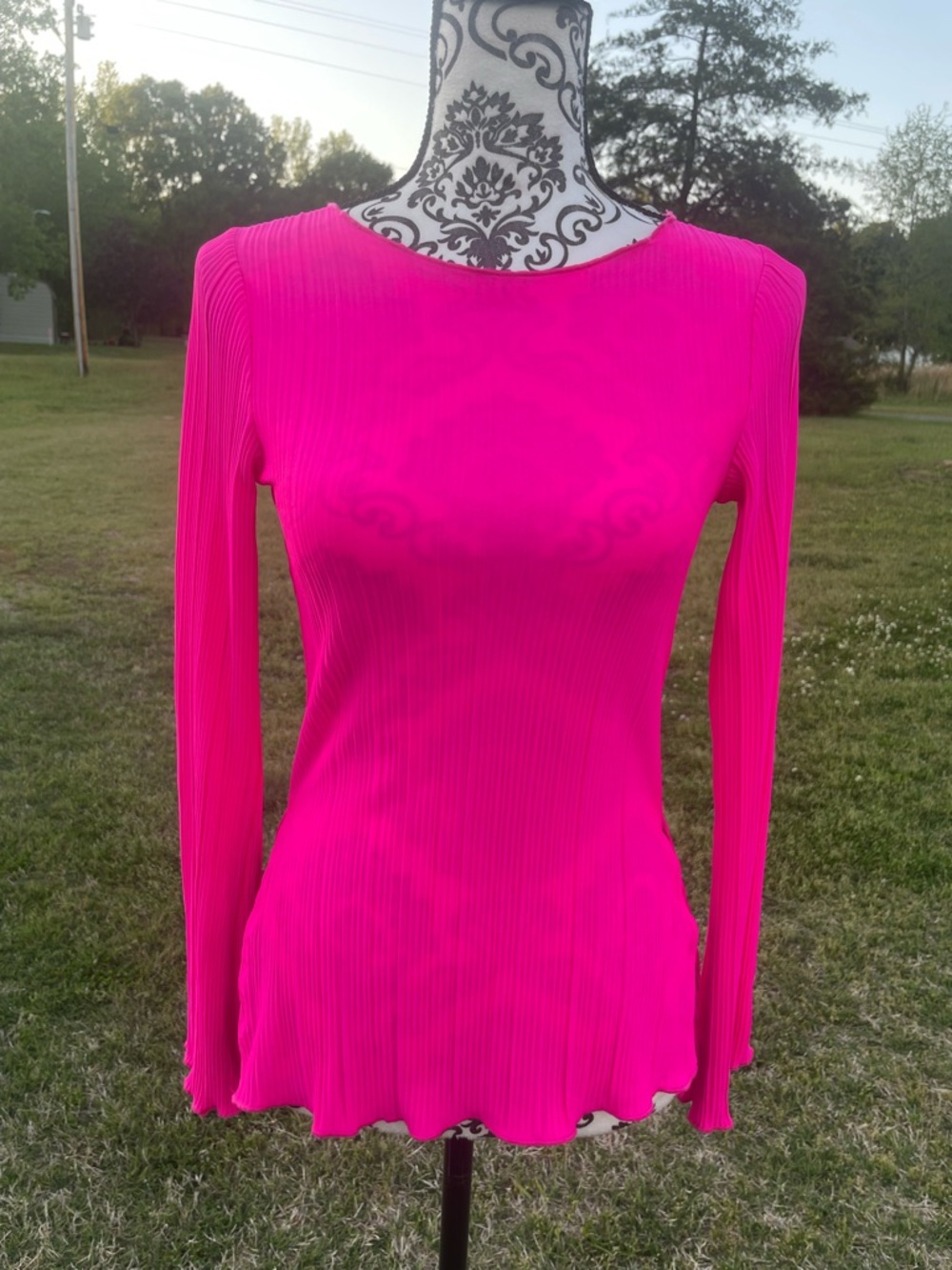Bright Pink Long-Sleeve Ribbed Women's Top
